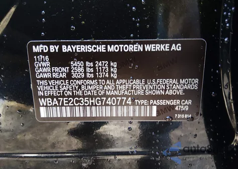 2017 BMW 740I from USA, damaged, VIN WBA7E2C35HG740774